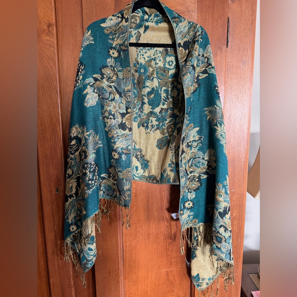 Susan Graver Floral Teal and Gold Reversable Wrap